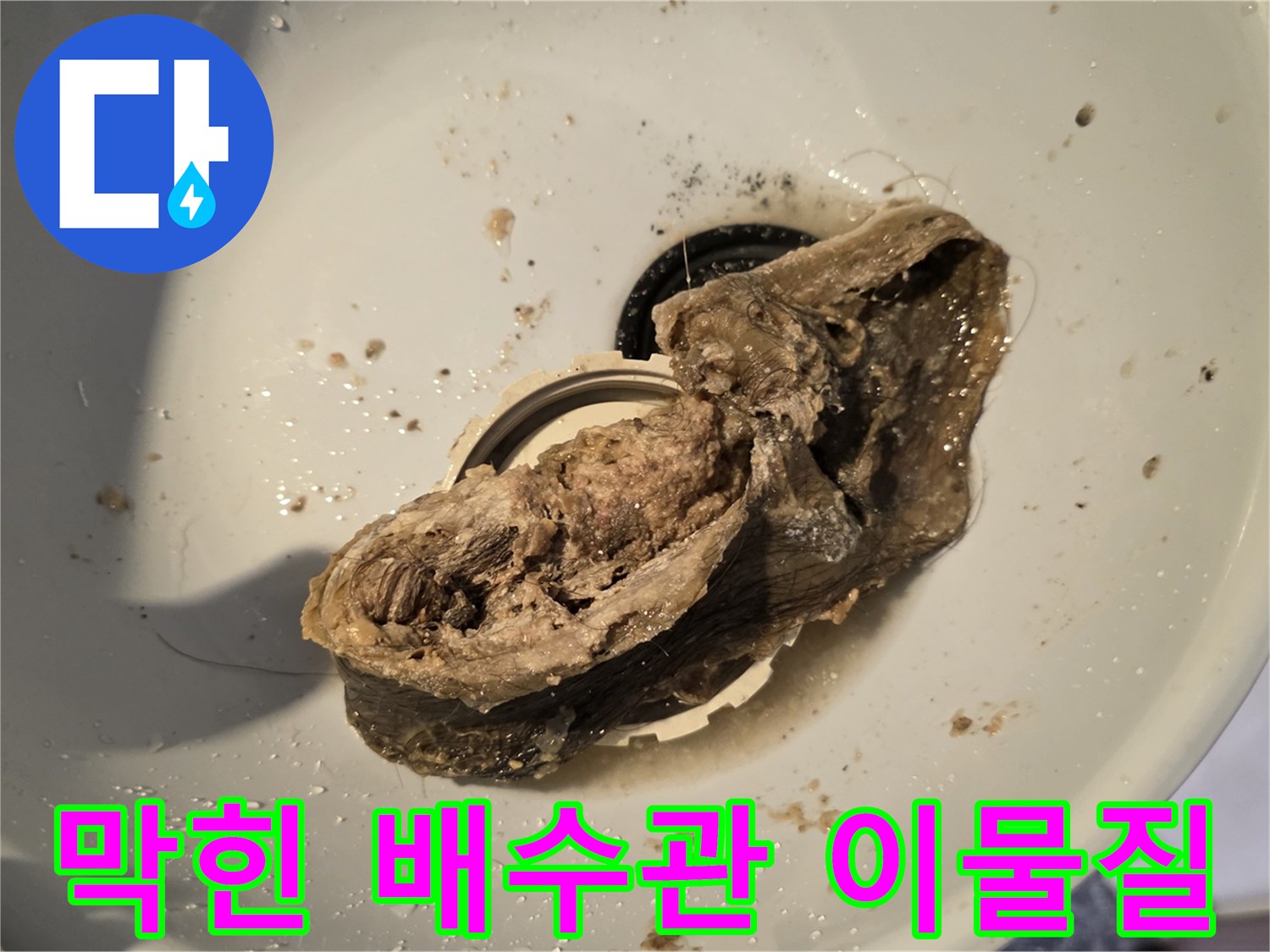 배관 막힘의 핵심 원인-머리카락과 오물이 엉겨 붙은 모습