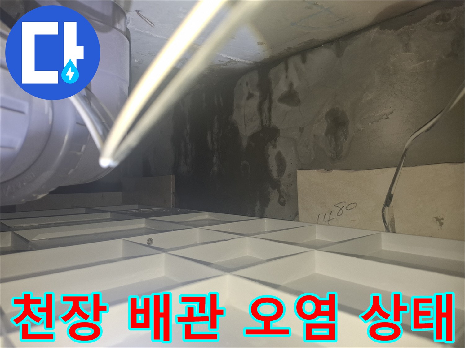 검게 변한 콘크리트와 배관의 누수 흔적 사진