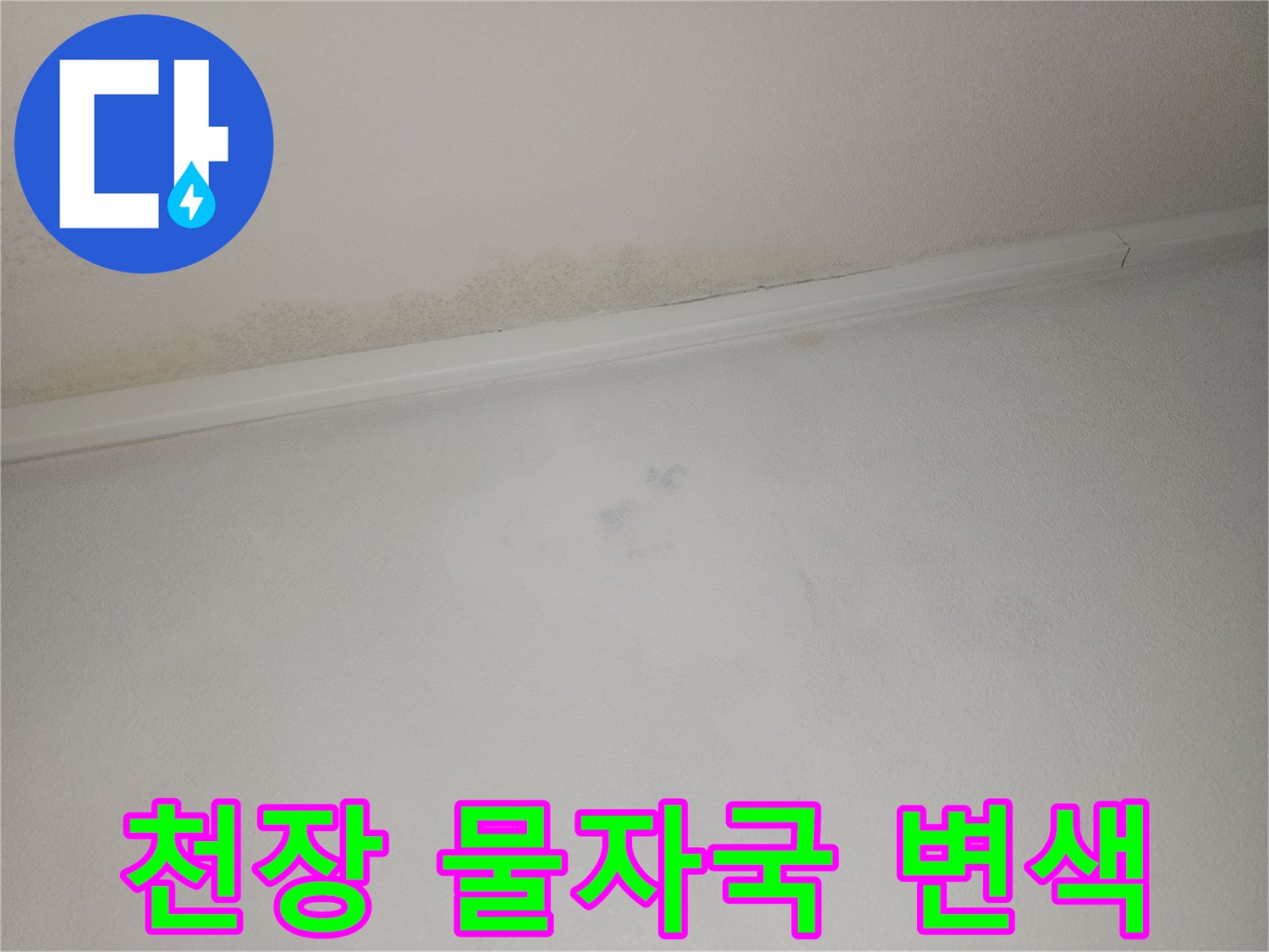 아파트 천장 몰딩 부근의 누수 흔적과 변색된 얼룩 상태