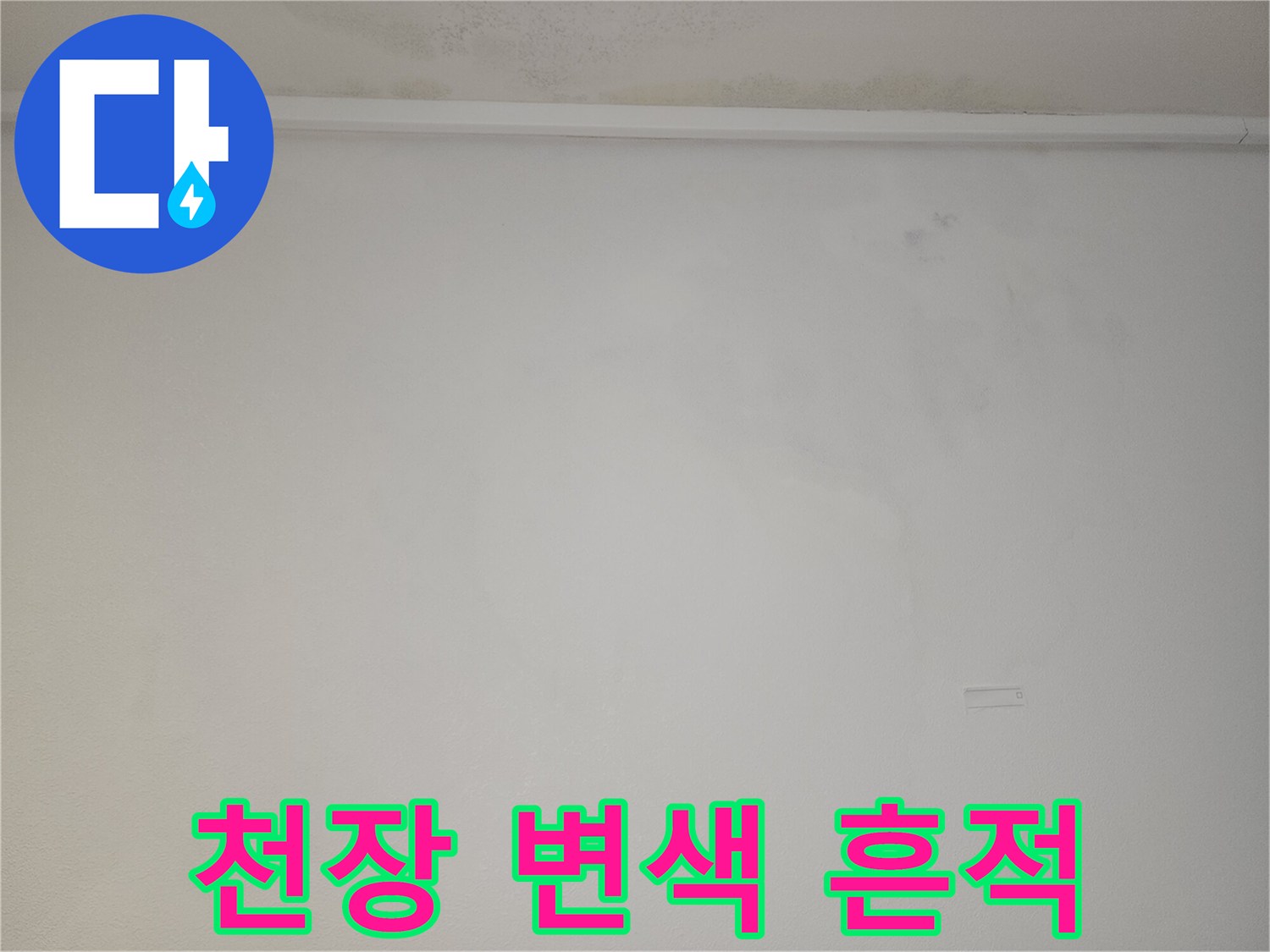 천장 가장자리를 따라 퍼져 있는 누수 변색 부위