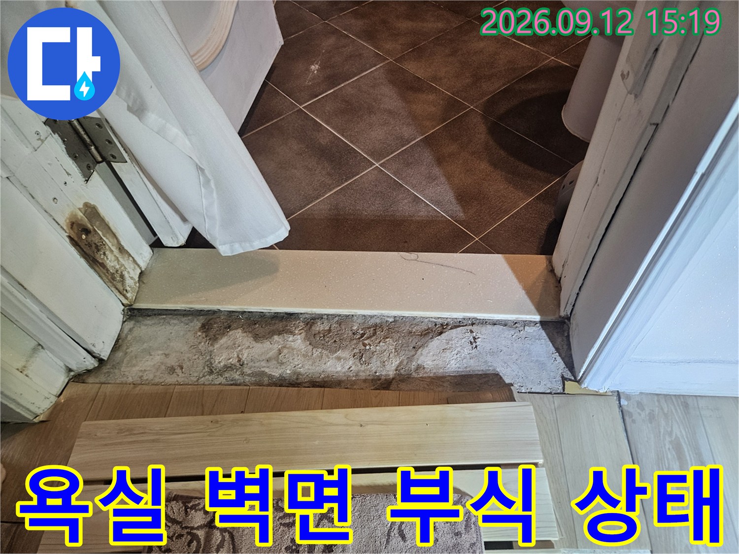 욕실 타일 하단 콘크리트 면의 심한 습기 침투 및 곰팡이 발생 현장