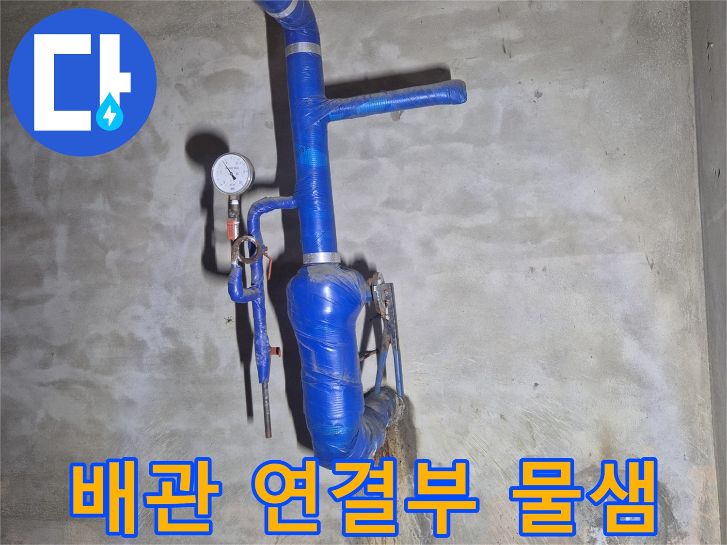습기가 스며든-콘크리트 벽면과-푸른색 배관의 모습
