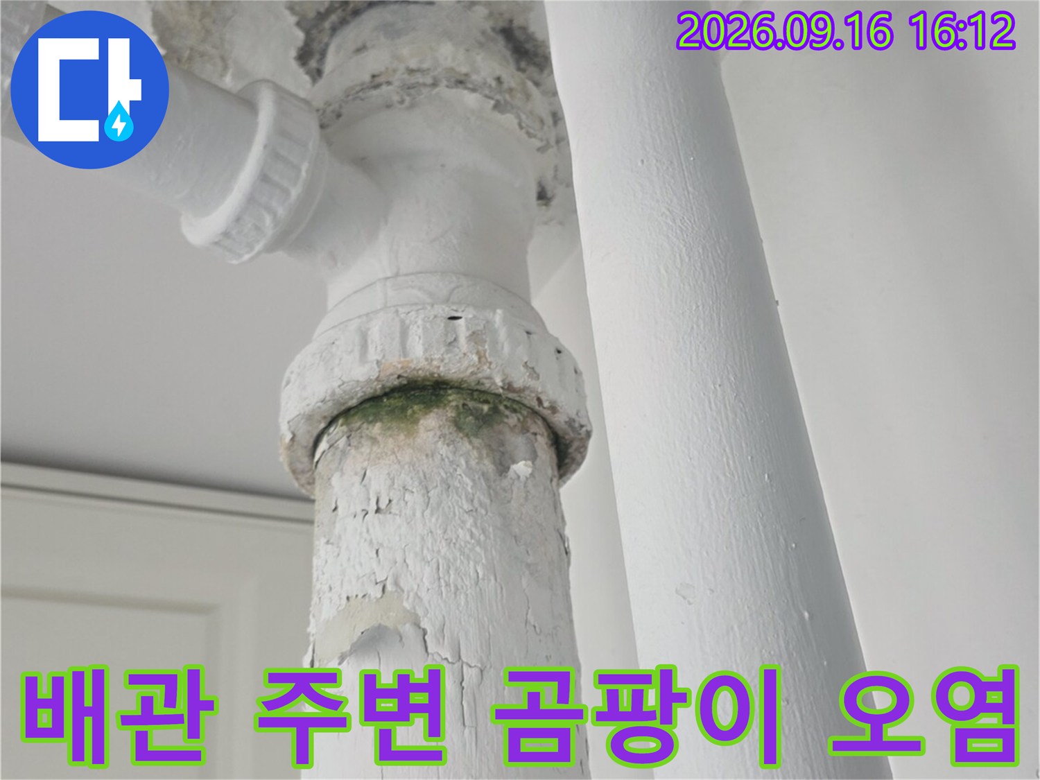 흰색 배관 연결 부위에 발생한 곰팡이와 페인트 탈락 현상