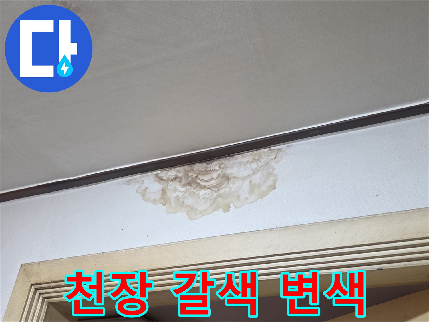 물기가 스며든 천장 몰딩 주변의 얼룩